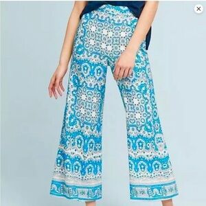 🌹Anthropologie Feather Blue Paisley Linen Talese Wide Leg Pants - Size 2